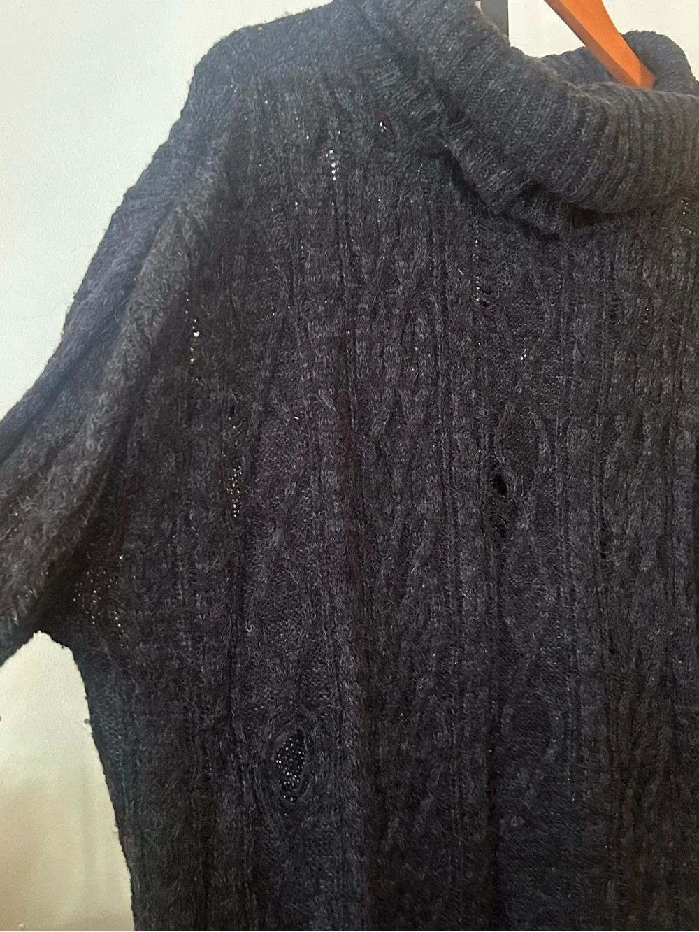 Free People Distressed Cable Knit Turtleneck Sweater Oversized Cowl‎ Black Small